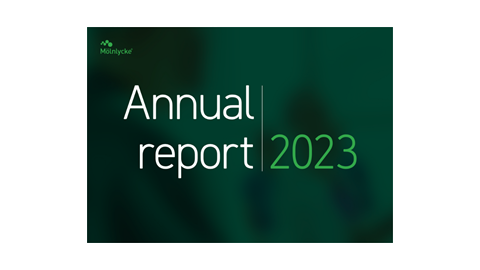 Cover of Mölnlycke integrated Annual & Sustainability Report 2021 with a child patient and a nurse